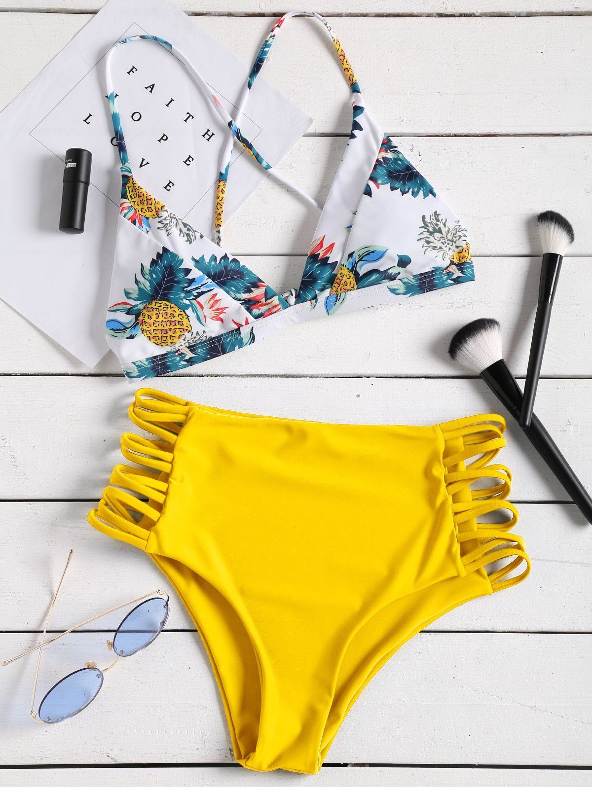 

Pineapple Print Strappy High Rise Bikini Set, Yellow