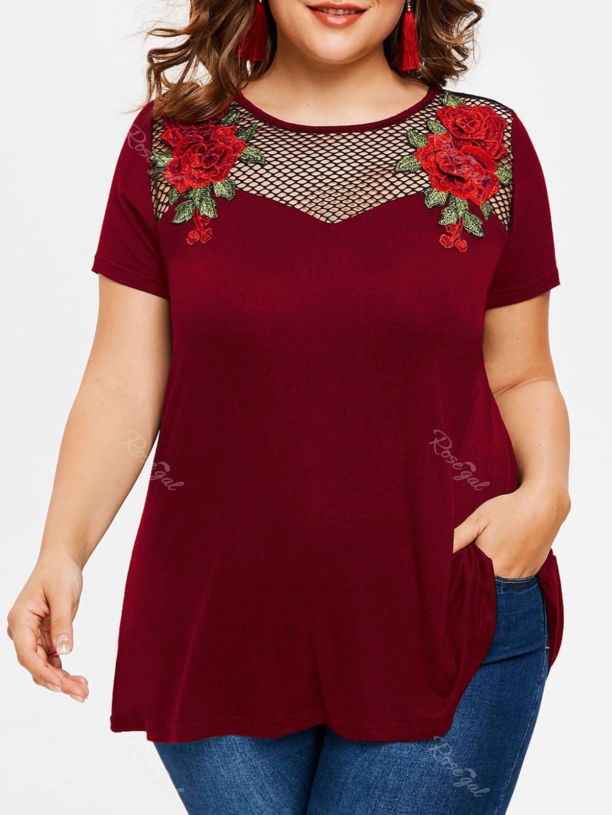 

Applique Fishnet Panel Plus Size Tunic T-shirt, Red wine