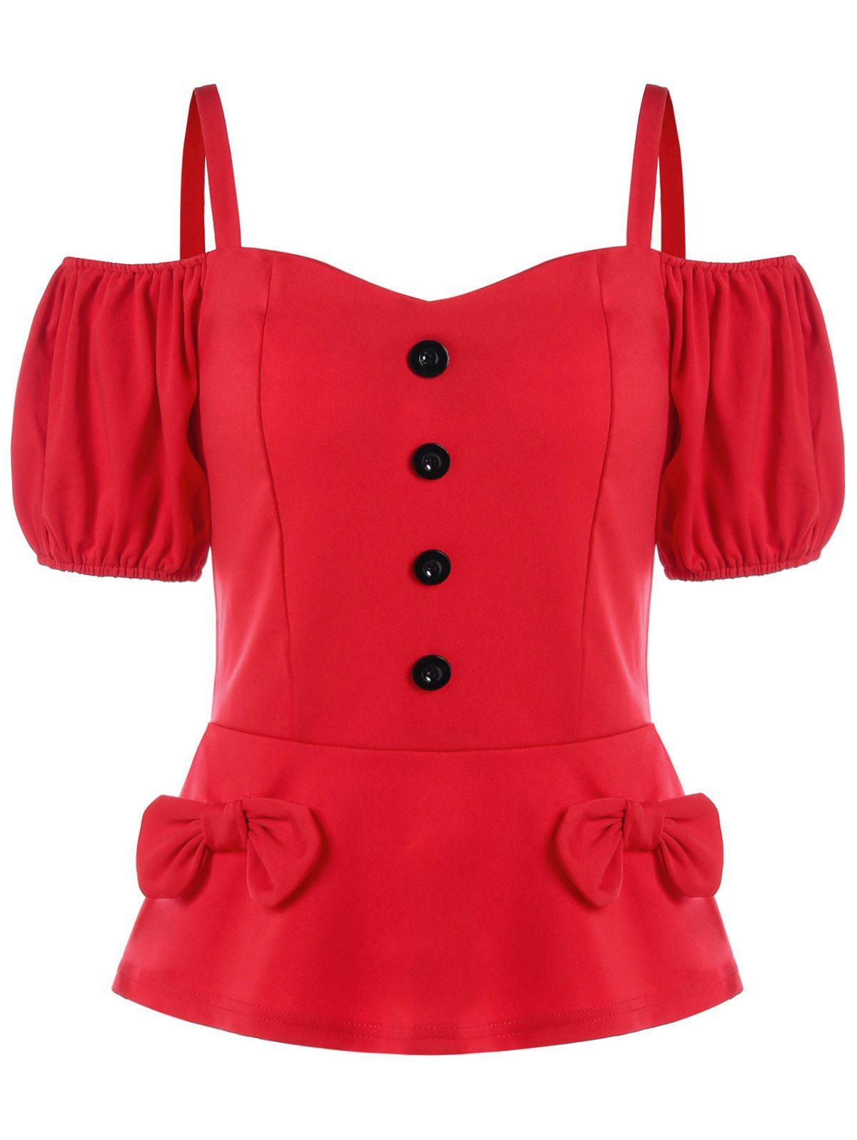 

Button Embellished Cold Shoulder Vintage T-shirt, Red