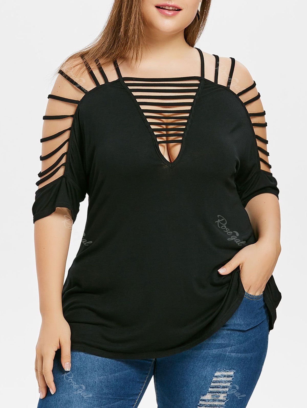 

Plus Size Plunging Neck Ladder Cut T-shirt, Black