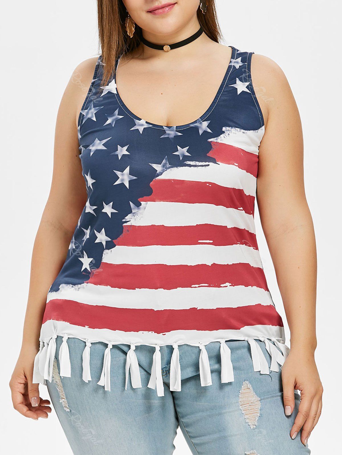 

Tassel Insert Plus Size American Flag Tank Top, Multi-a