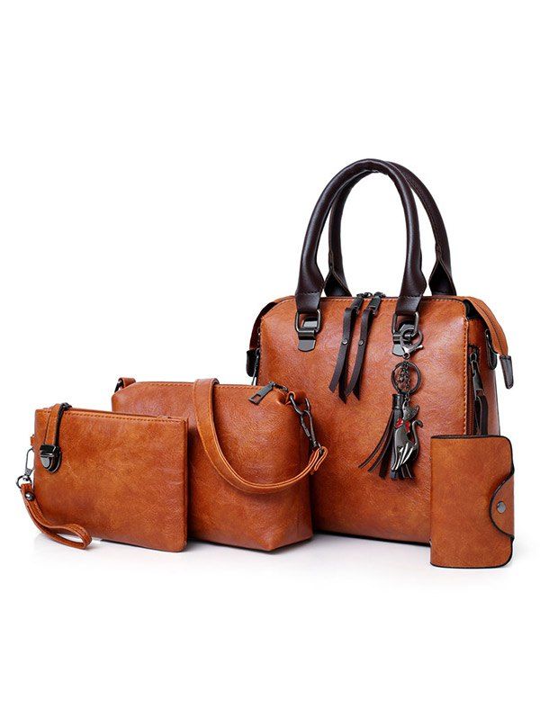 

4 Pieces PU Leather Vacation Handbag Set, Brown