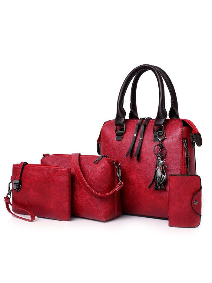 

4 Pieces PU Leather Vacation Handbag Set, Red