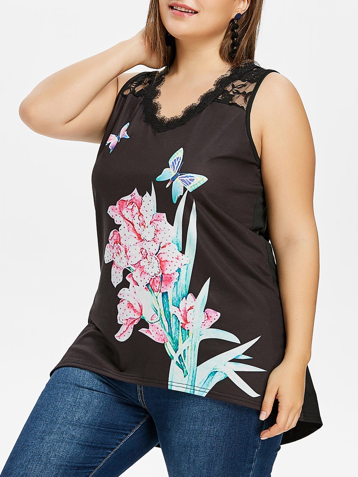 

Lace Panel Plus Size Printed High Low Tank Top, Black