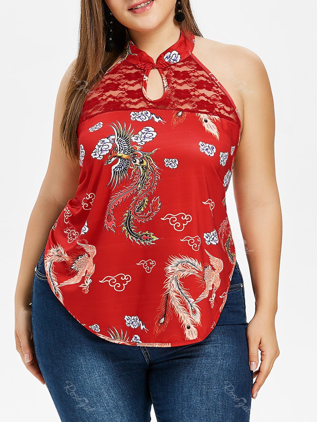 

Lace Panel Plus Size Printed Top, Love red