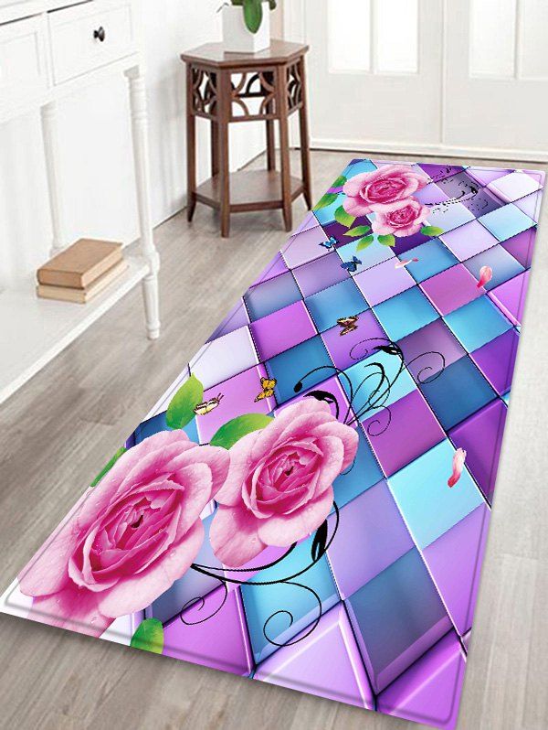

Beautiful Rose with Colorful Plaid Print Antiskid Floor Rug, Multi