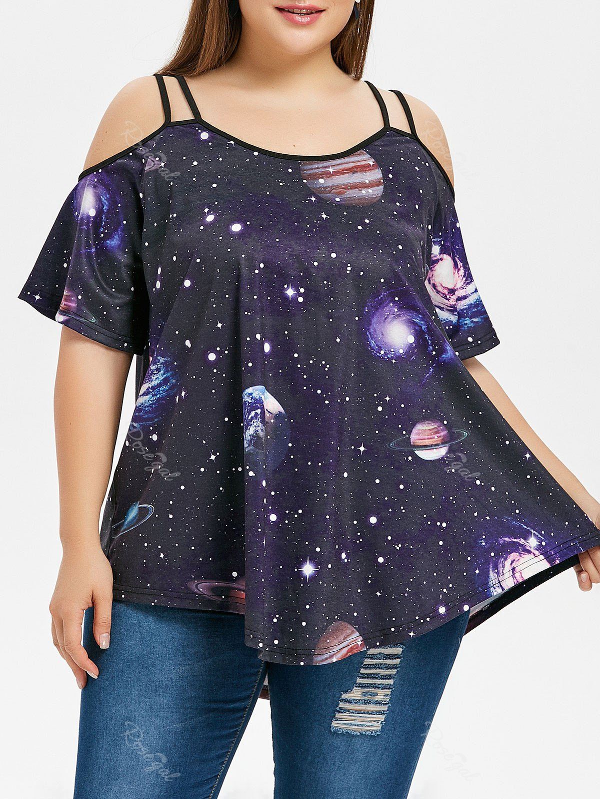 

Planet Print Plus Size Cold Shoulder T-shirt, Dark slate blue