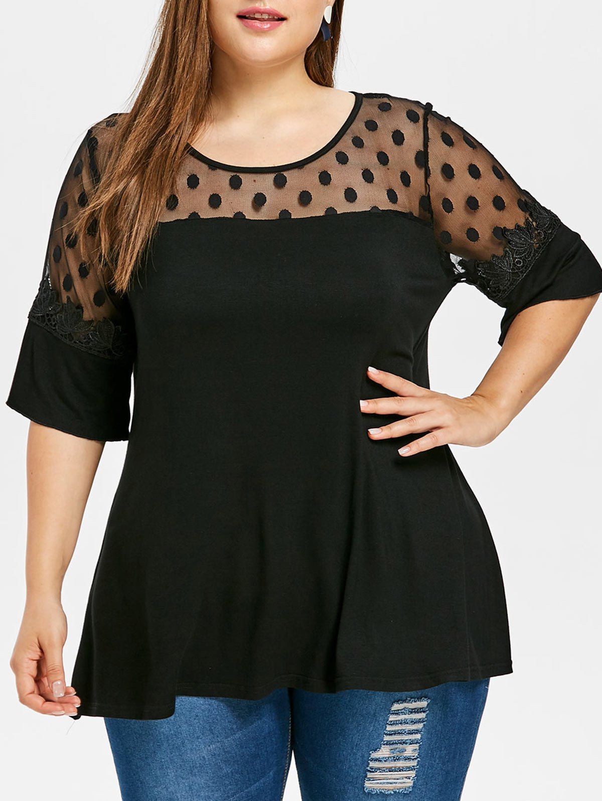 

Dotted Lace Trim Plus Size T-shirt, Black