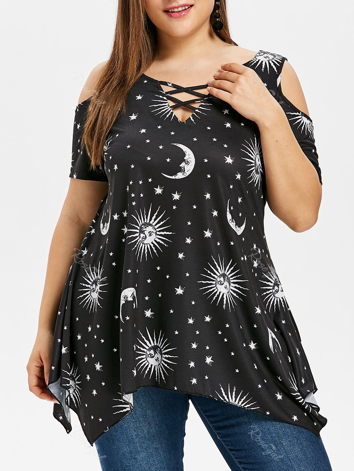 

Sun Moon Plus Size Cold Shoulder T-shirt, Black