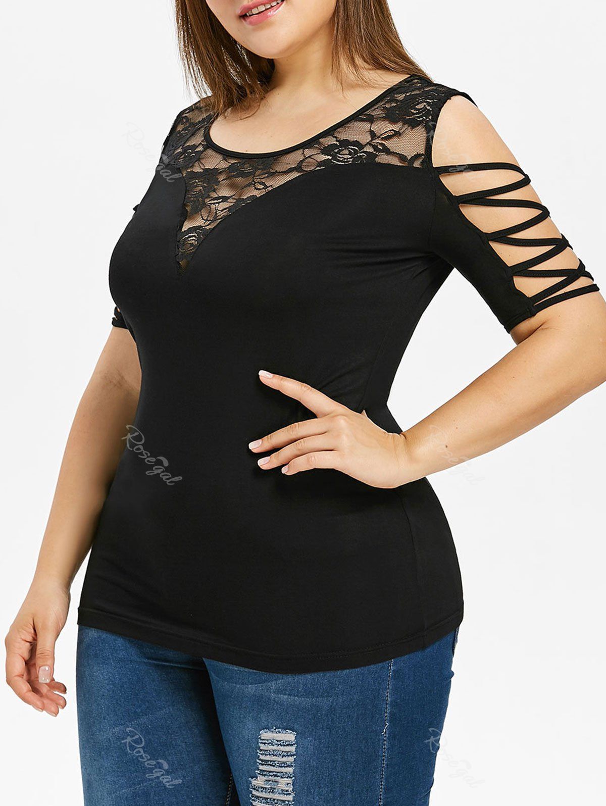 

Plus Size See Through Lace Insert Tee, Black