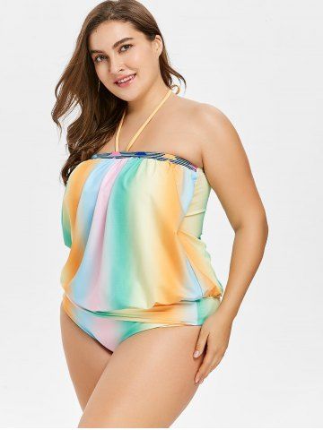 

Plus Size Rainbow Halter Tankini Set, Multi