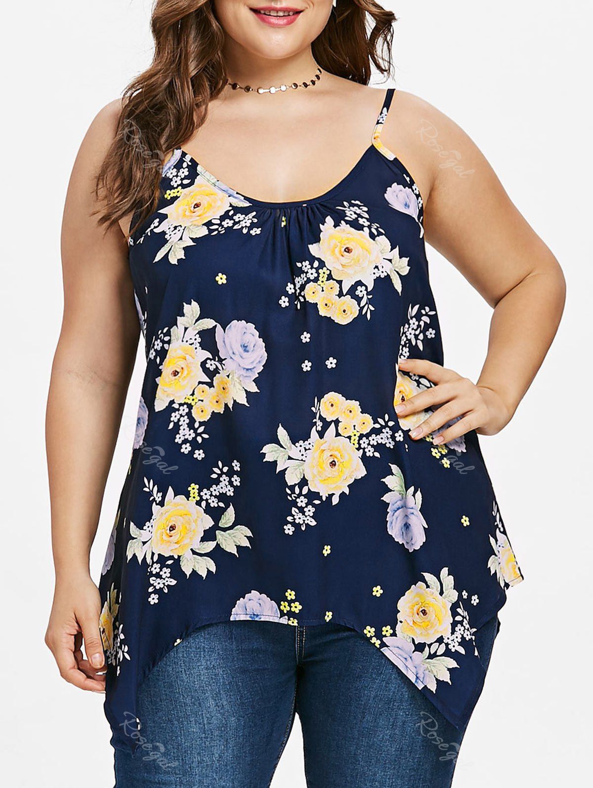 

Plus Size Floral Asymmetric Cami Top, Deep blue