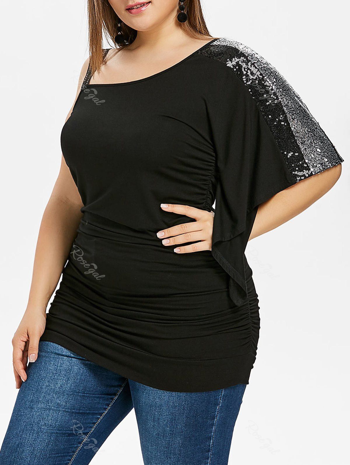 

Plus Size Sequined Trim Skew Collar T-shirt, Black