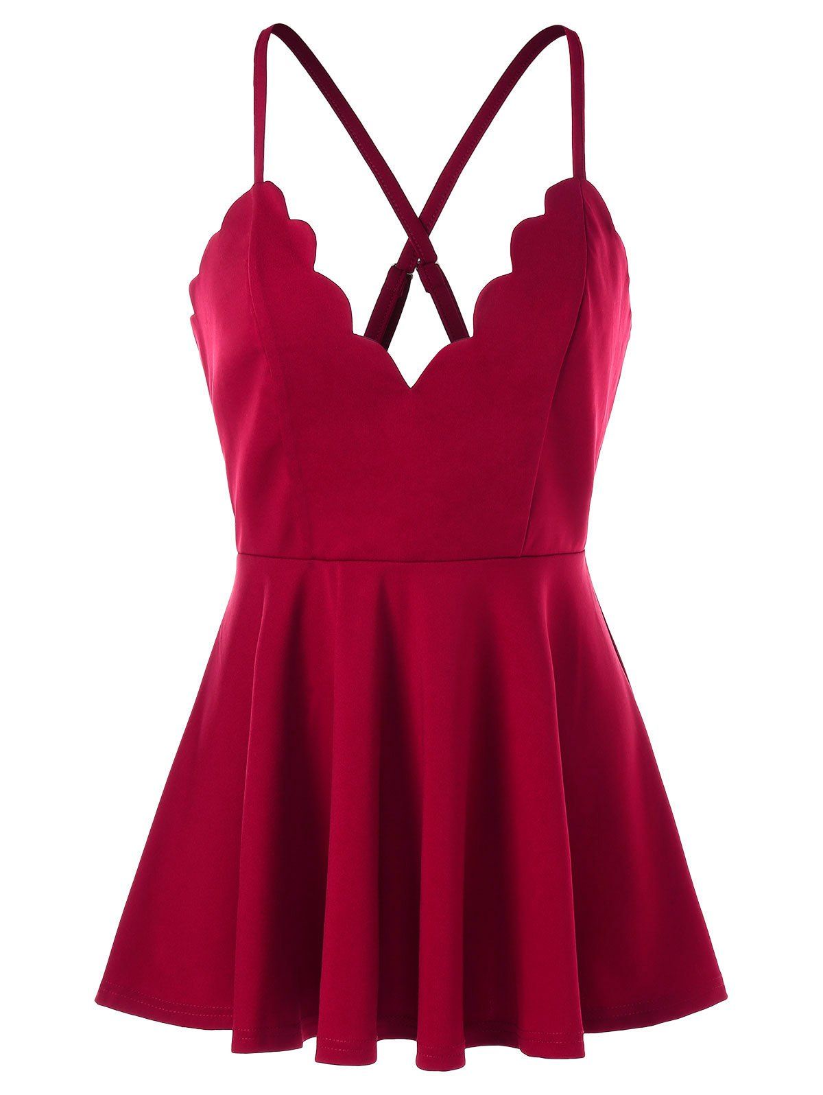 

Saclloped Trim Ruched Zip Up Tank Top, Burgundy