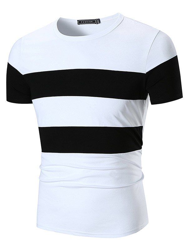 

Wide Stripe Print Two Tone Crew Neck T-shirt, White