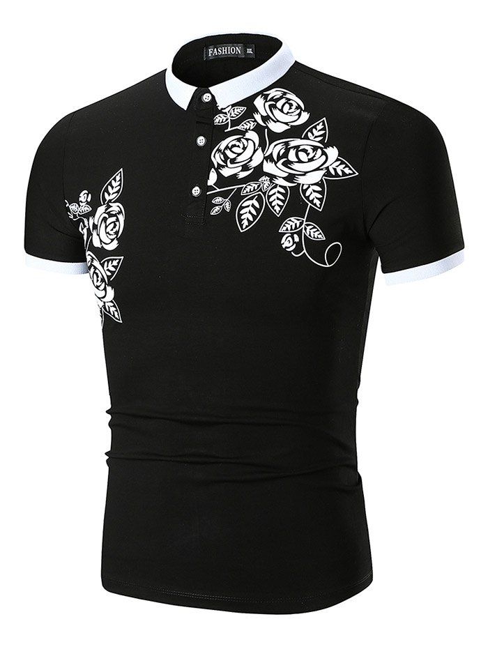 

Flower and Leaves Print Half Button Polo Shirt, Black