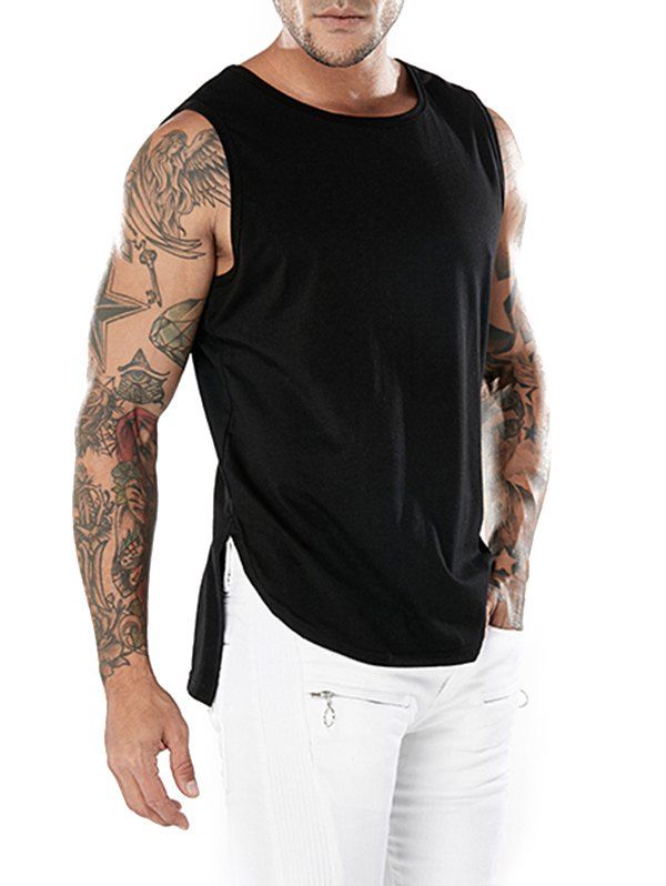 

Crew Neck Split Hem Tank Top, Black