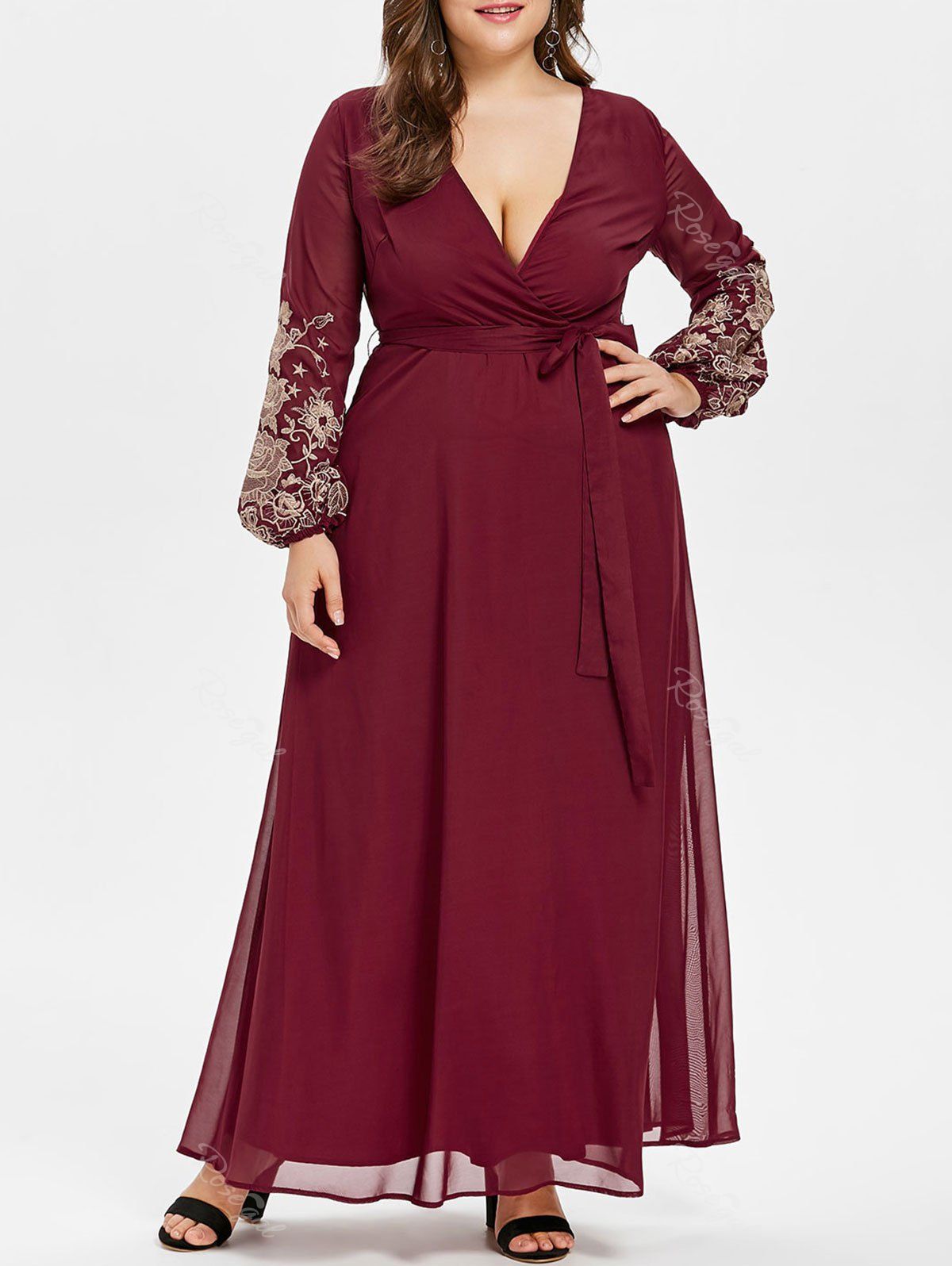 

Plunge Embroidery Plus Size Maxi Dress, Red wine