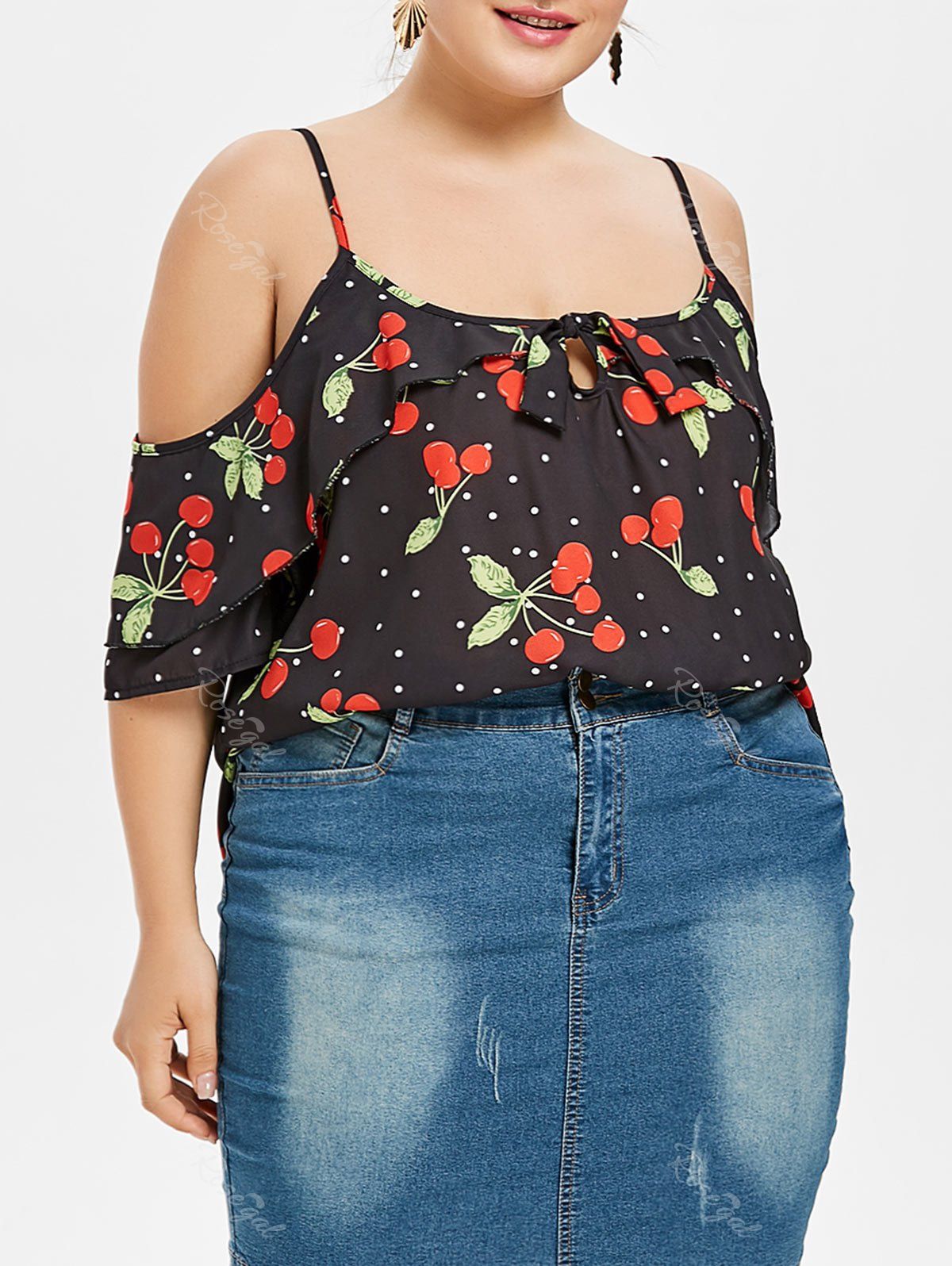 

Plus Size Cherry Print Ruffle Blouse, Black