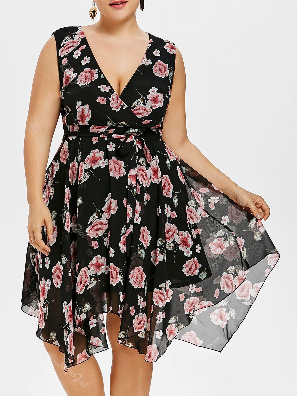 

Plunging Neck Plus Size Floral Dress with Belt, Black