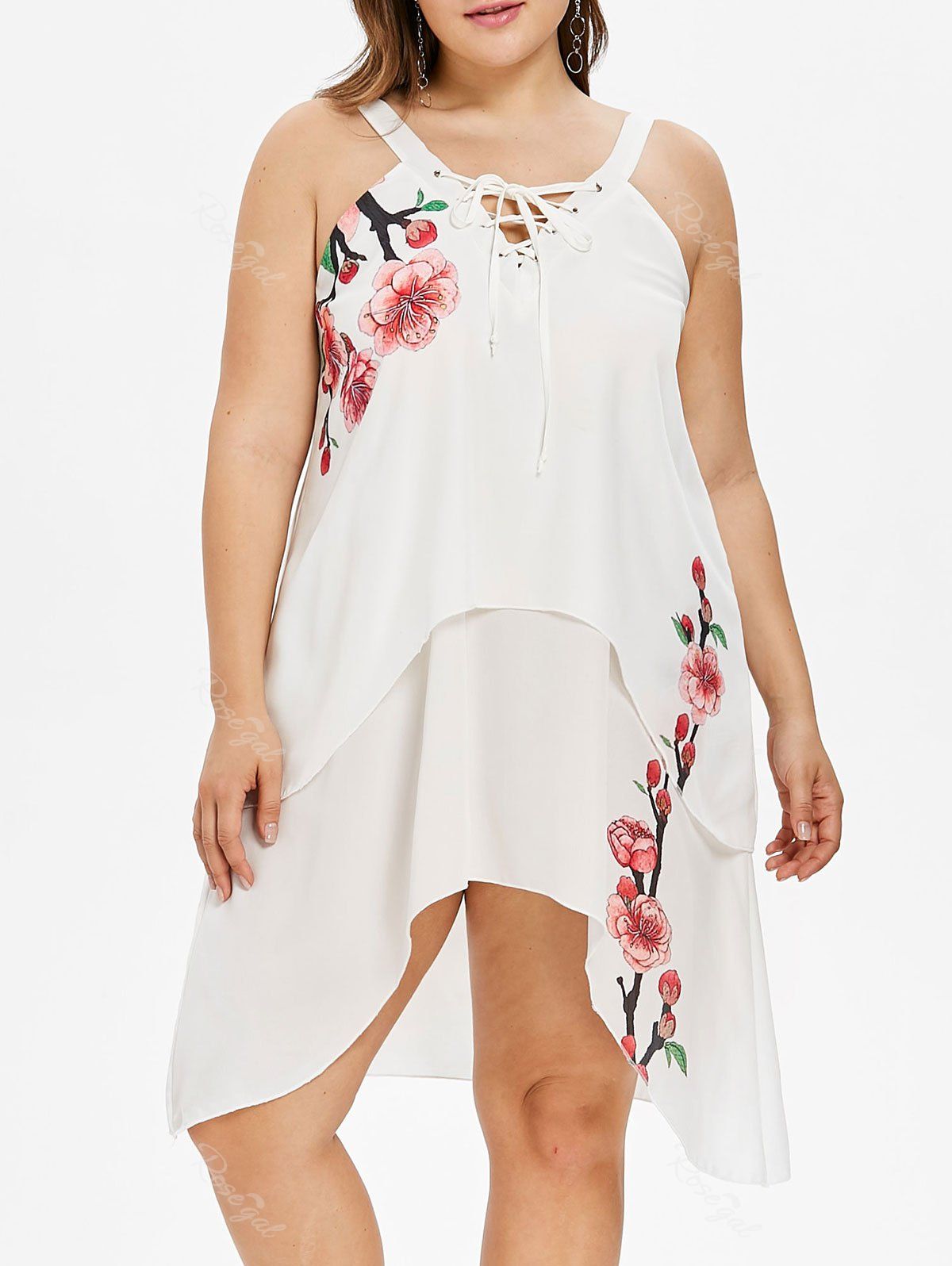 

Plus Size Floral Lace Up Chiffon Dress, White