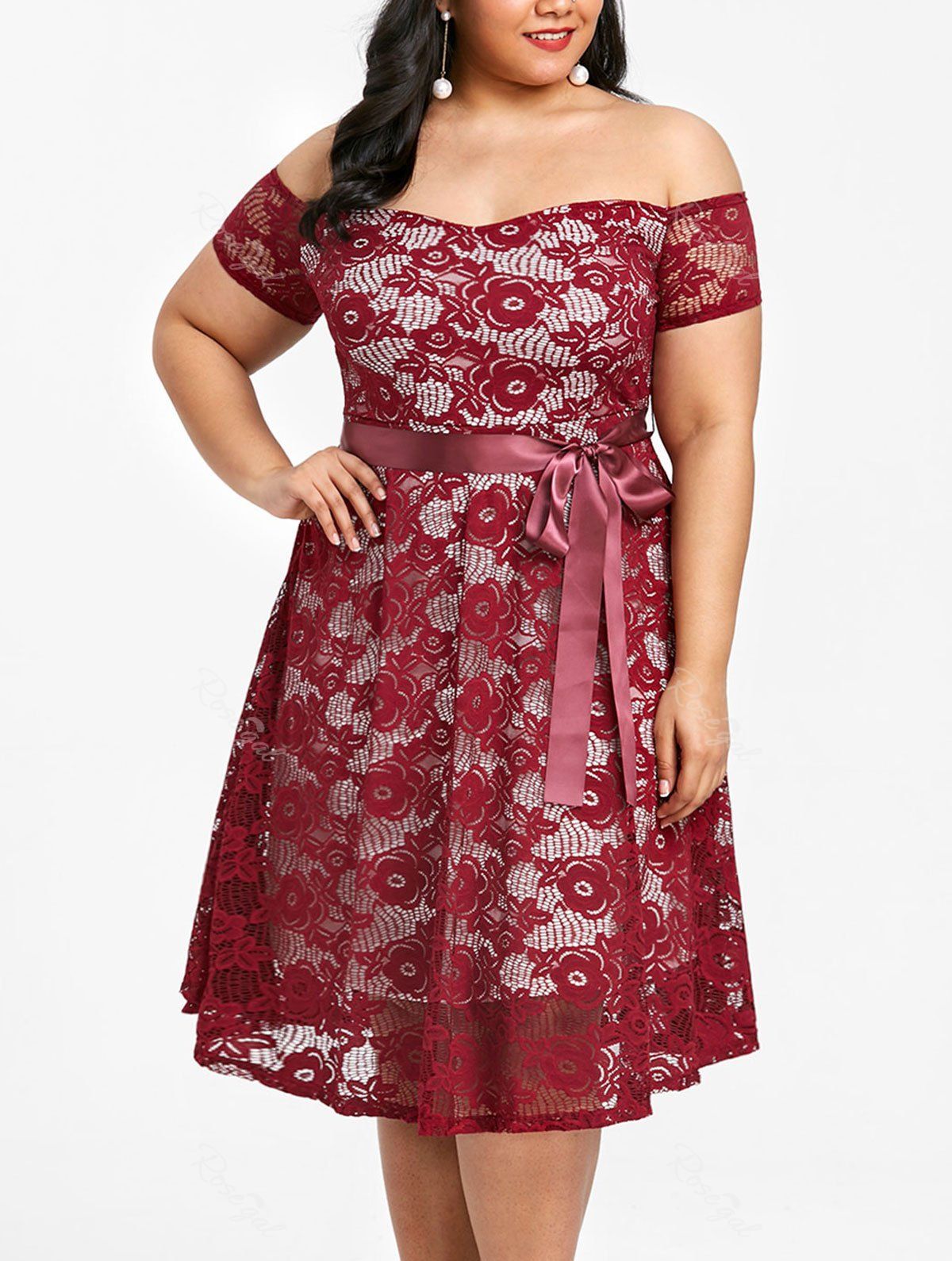 

Plus Size Off The Shoulder Lace Party Dress, Wine red