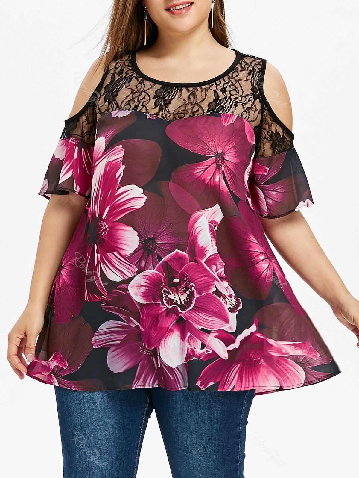 

Plus Size Lace Trim Floral Blouse, Deep pink