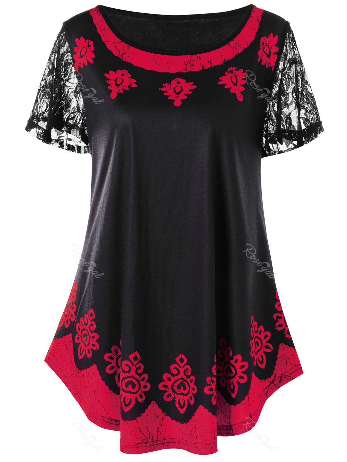 

Plus Size Lace Trim Contrast Print T-shirt, Red