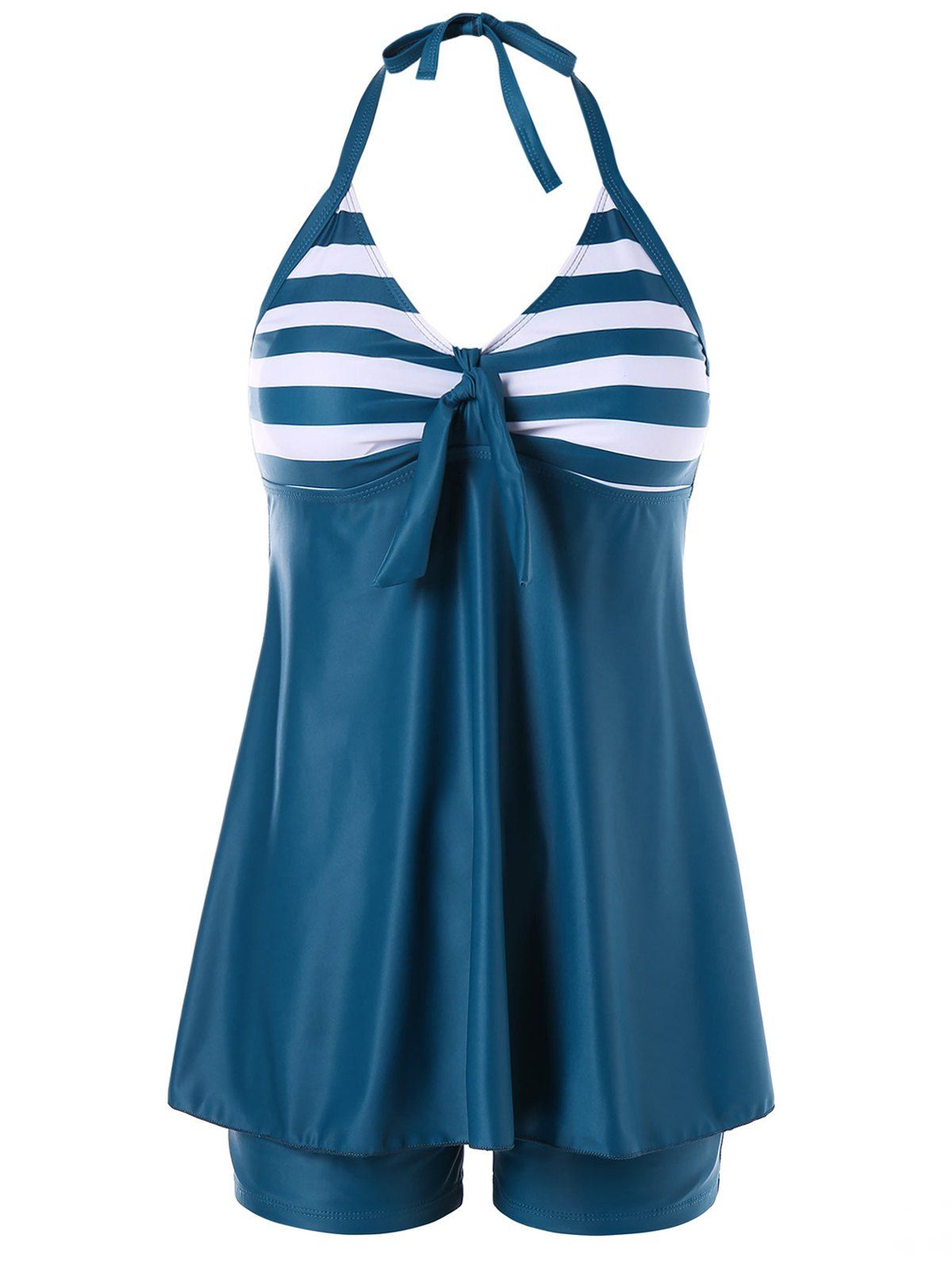 

Boyshort Skirted Stripe Backless Tankini, Greenish blue