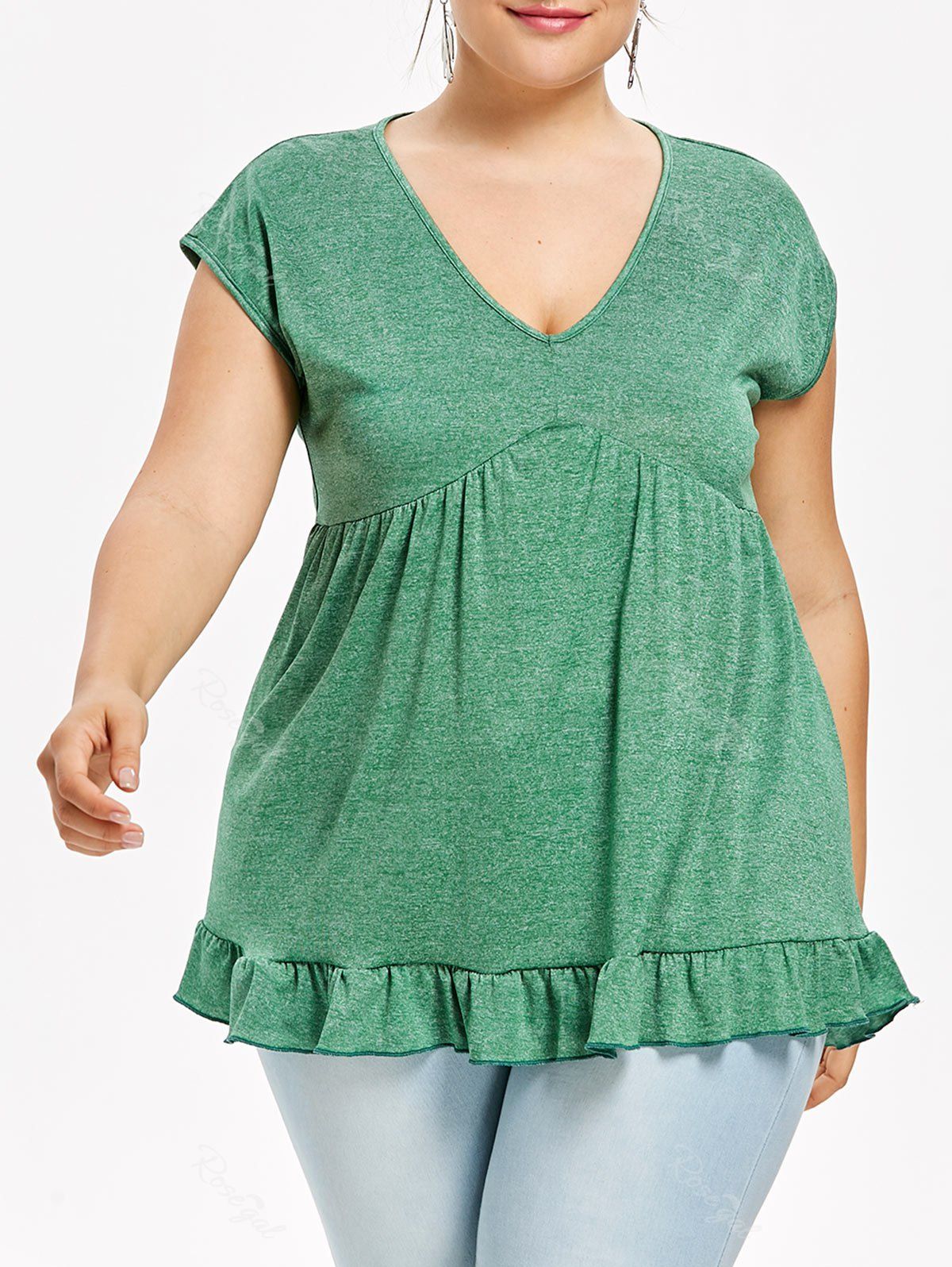 

Flounce Hem Plus Size Plunge T-shirt, Sea green