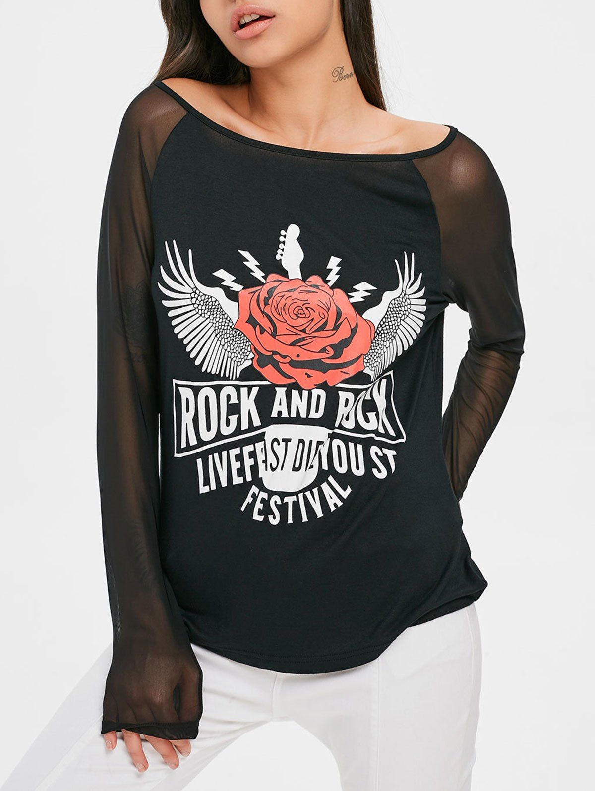

Boat Neck Mesh Panel Graphic Tee, Black