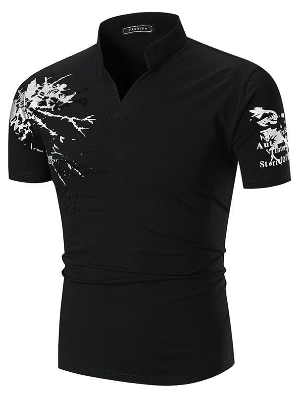 

Short Sleeve Flower Letter Print Notch Neck T-shirt, Black