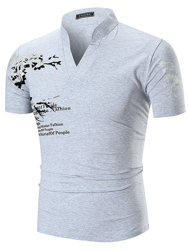 

Short Sleeve Flower Letter Print Notch Neck T-shirt, Gray