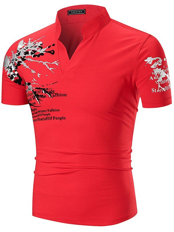 

Short Sleeve Flower Letter Print Notch Neck T-shirt, Red