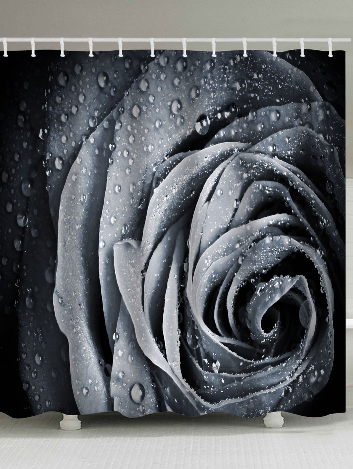 

Black Waterdrop Rose Print Bath Waterproof Shower Curtain, Carbon gray