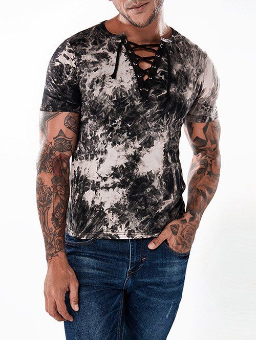 

Drawstring Notch Neck Tie Dyed Tee Shirt, Black