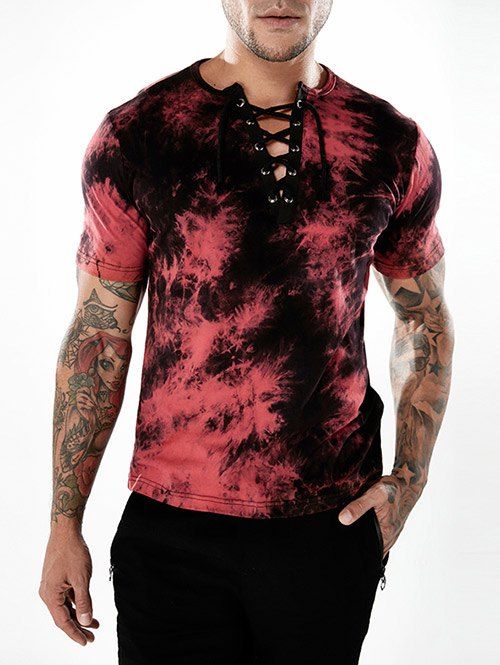 

Drawstring Notch Neck Tie Dyed Tee Shirt, Red