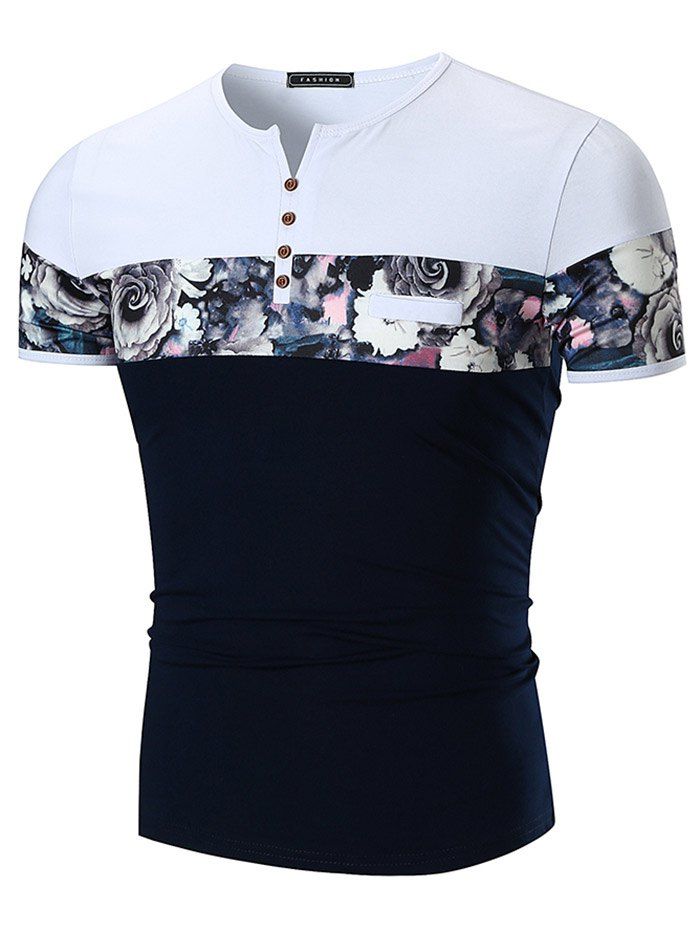 

Split Neck Faux Pocket Flower Print Panel T-shirt, Navy blue