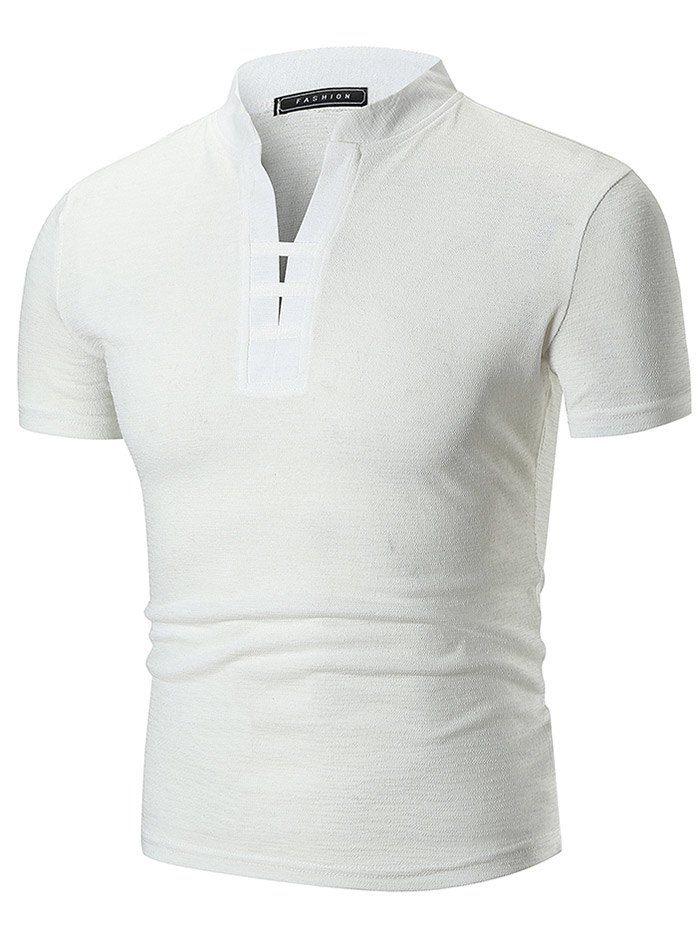 

Stand Collar Solid Color Notch Neck T-shirt, White