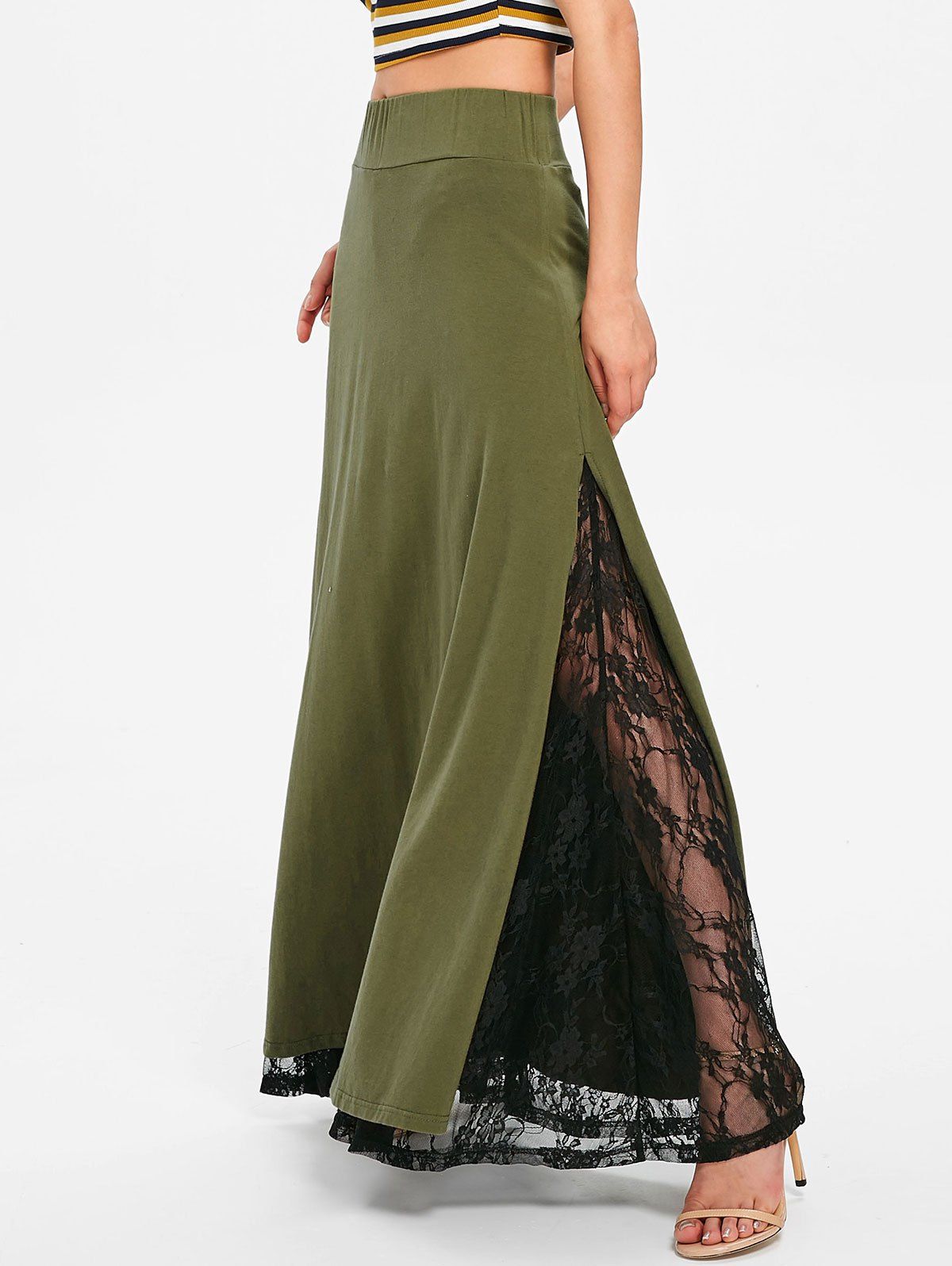 

High Waisted Lace Insert Long Skirt, Army green