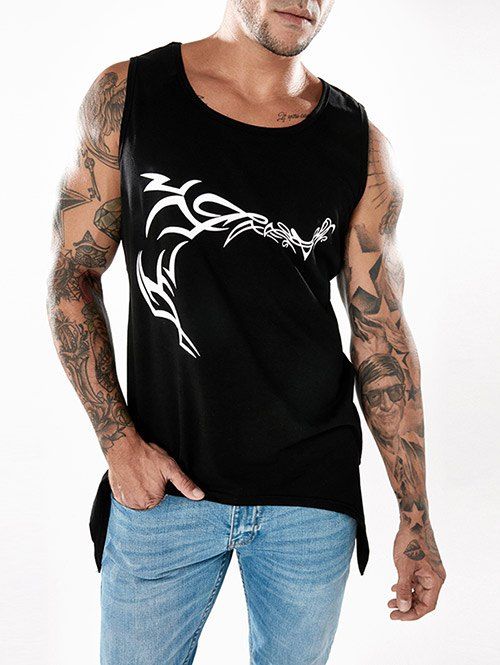

Graphic Print Split Hem Tank Top, Black