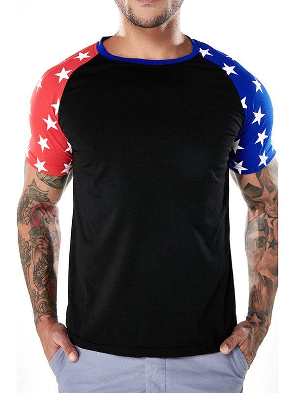 

Crew Neck Two-tone Star Print Sleeves T-shirt, Black