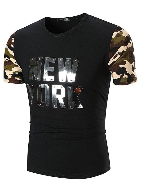 

Camo Sleeve Sequined Letter Print T-shirt, Black