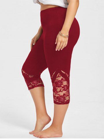 

Lace Panel Plus Size Cropped Leggings, Red wine