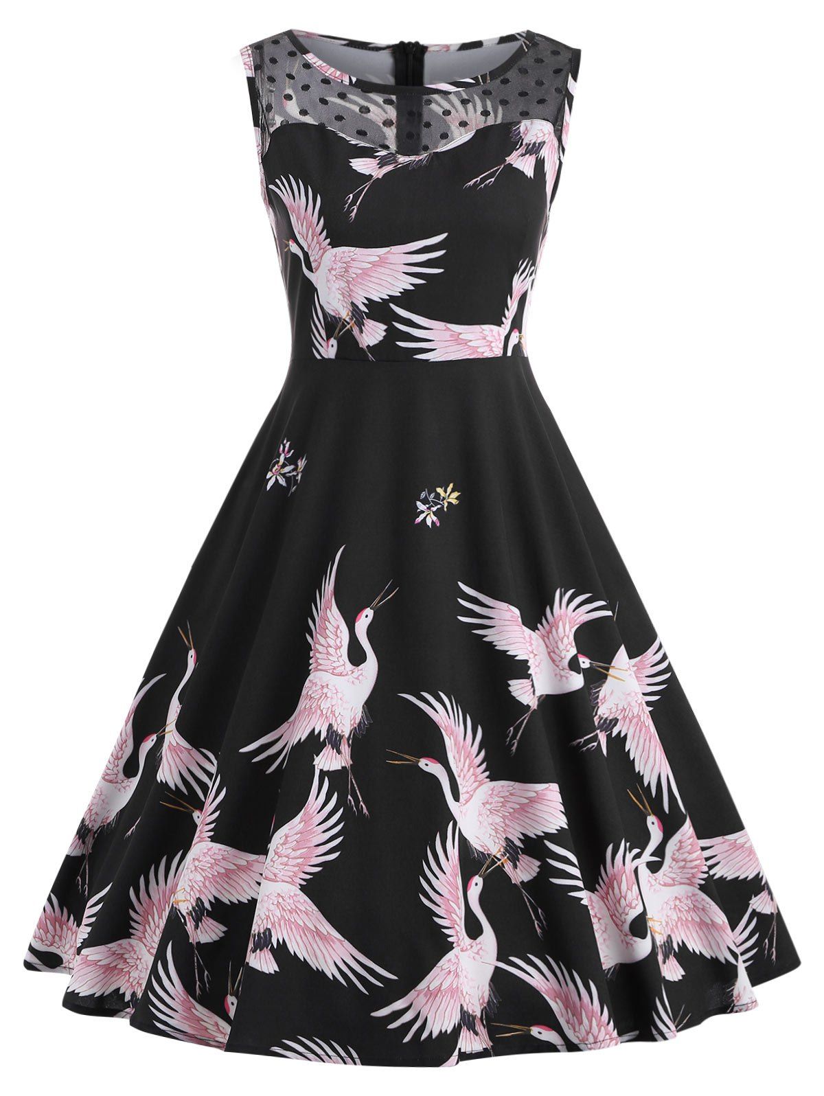 

Crane Print Vintage A-line Dress, Black