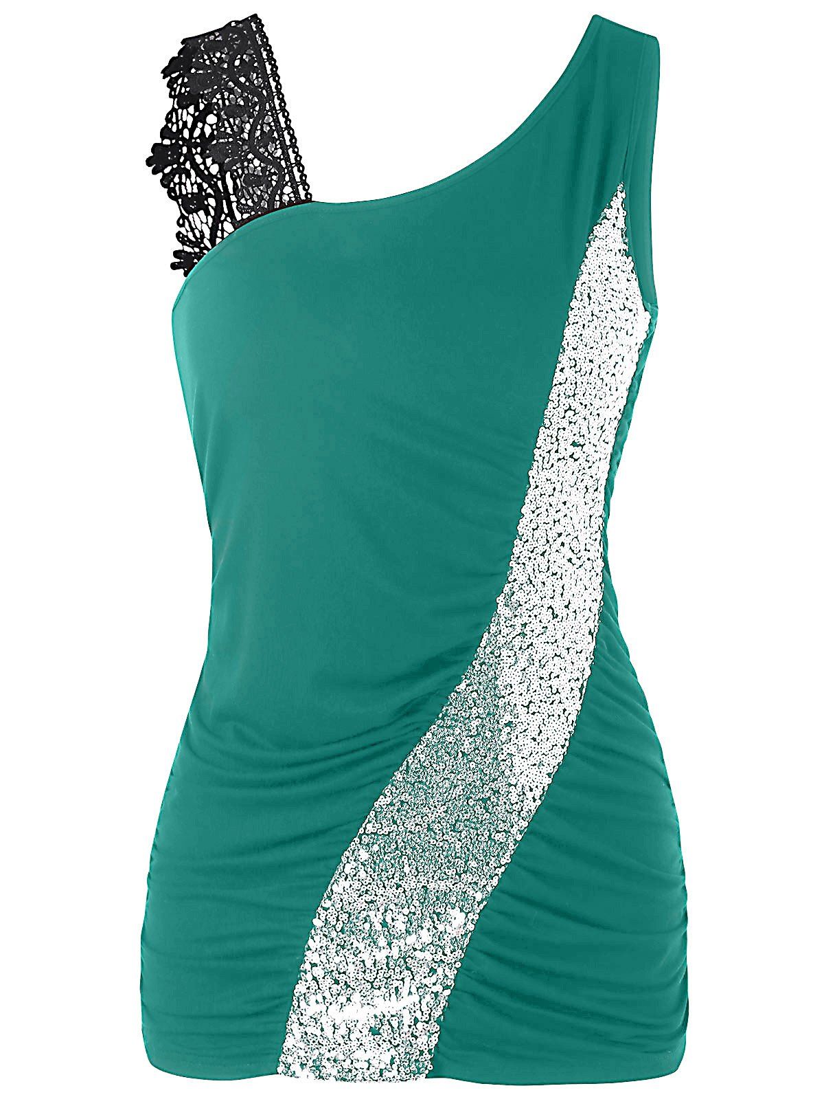 

Skew Collar Sequined Fitted Tank Top, Light sea green