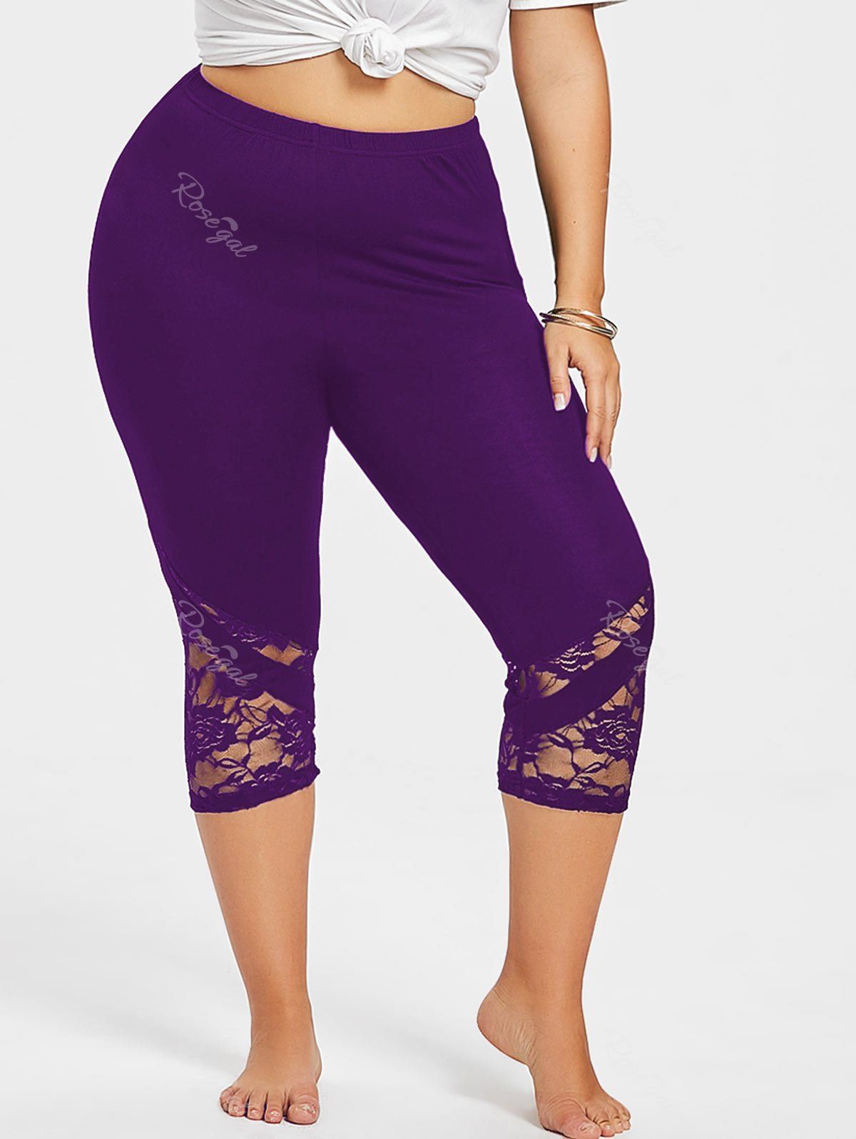 

Lace Panel Plus Size Cropped Leggings, Purple