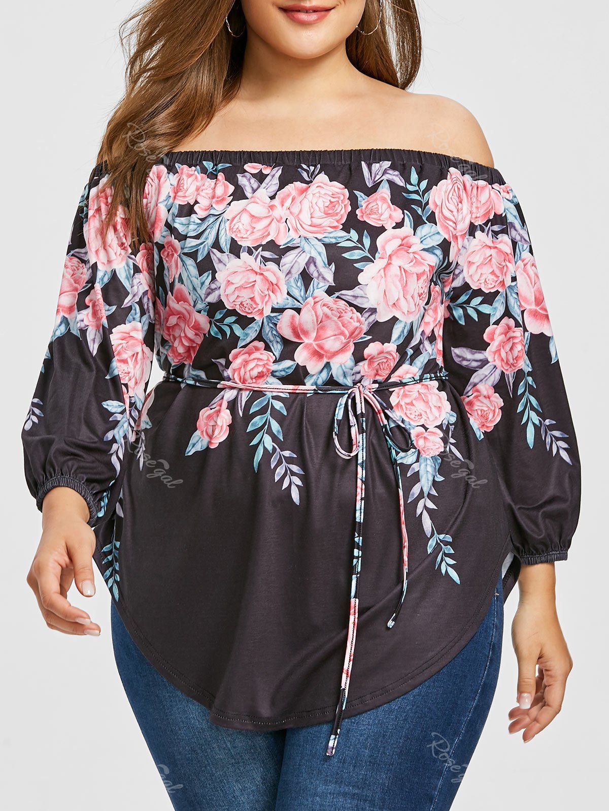 

Plus Size Off Shoulder Printed T-shirt, Black