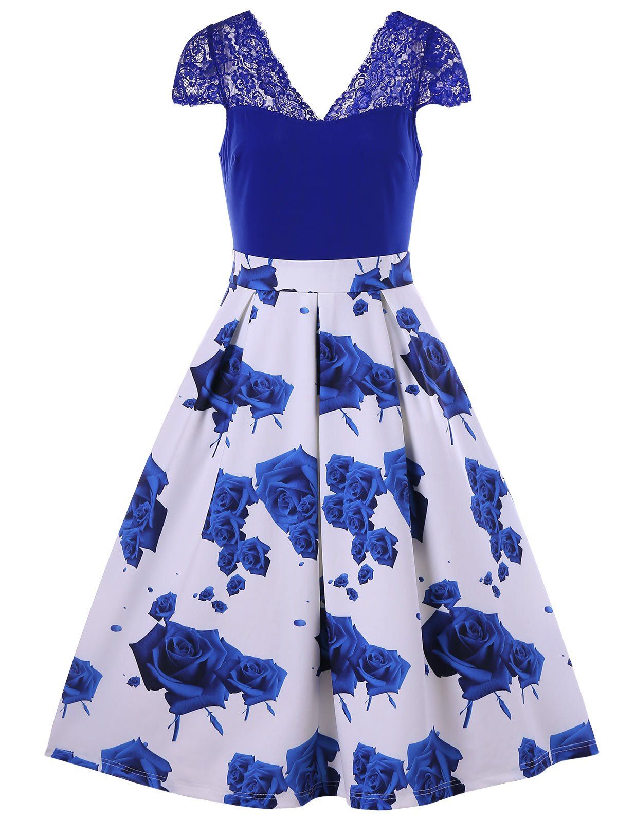 

Lace Panel Short Sleeve Flower Print Dress, Sapphire blue