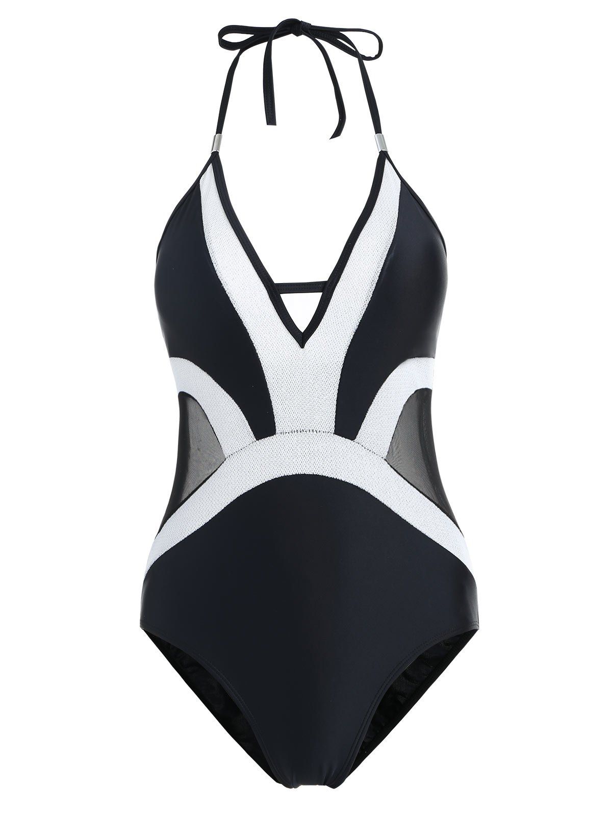 

Color Block One Piece Halter Swimwear, Black